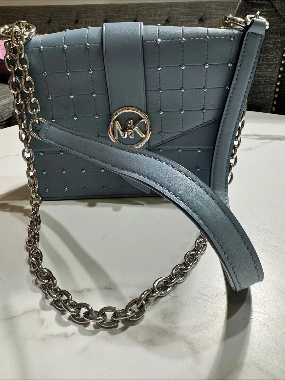 Michael Kors Light Blue Quilted Shoulder Bag with Silver Hardware